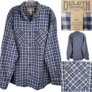 Duluth Trading Co Shirt Mens 2XL XXL Blue Plaid Button Down Long Sleeve Cotton